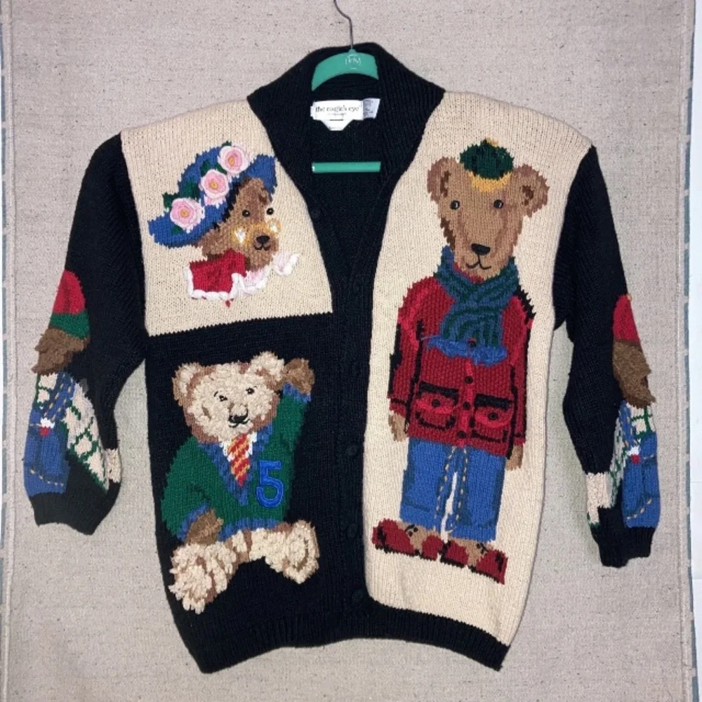 Vintage Eagle’s Eye Chunky Knit Bear Cardigan Grandma core Sweater Women’s New M - Picture 2 of 11